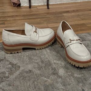 White Leather Loafers with Tan Soles